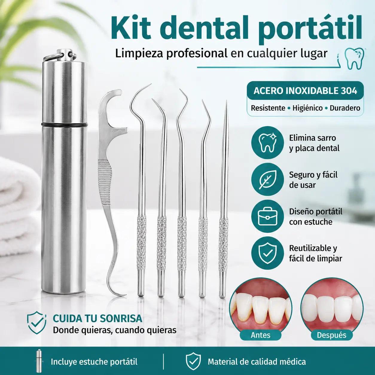 ✨【¡Compra 1 y llévate 1 gratis!】Kit de Seda Dental Reutilizable en Acero Inoxidable 304 – Compra una vez, úsalo siempre 💪