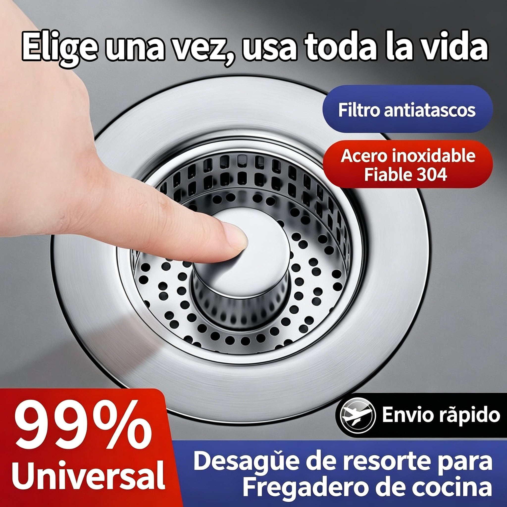 【Pack de 2】💪🛡️ Upgraded 3 en 1 Filtro de desagüe para fregadero de cocina – fabricado en acero inoxidable 304, resistente a la oxidación y duradero, tapón universal 🧽