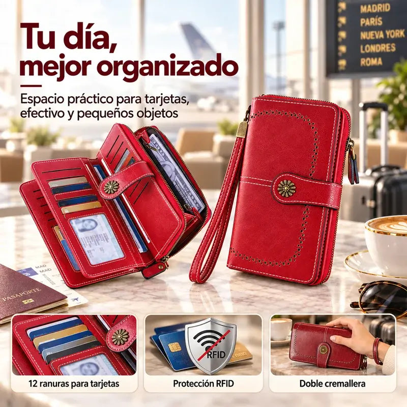 👜 Cartera Vintage de Cuero para Mujer | RFID Antirrobo, Cremallera y Botón a Presión | Larga y Espaciosa 💼