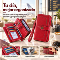 👜 Cartera Vintage de Cuero para Mujer | RFID Antirrobo, Cremallera y Botón a Presión | Larga y Espaciosa 💼