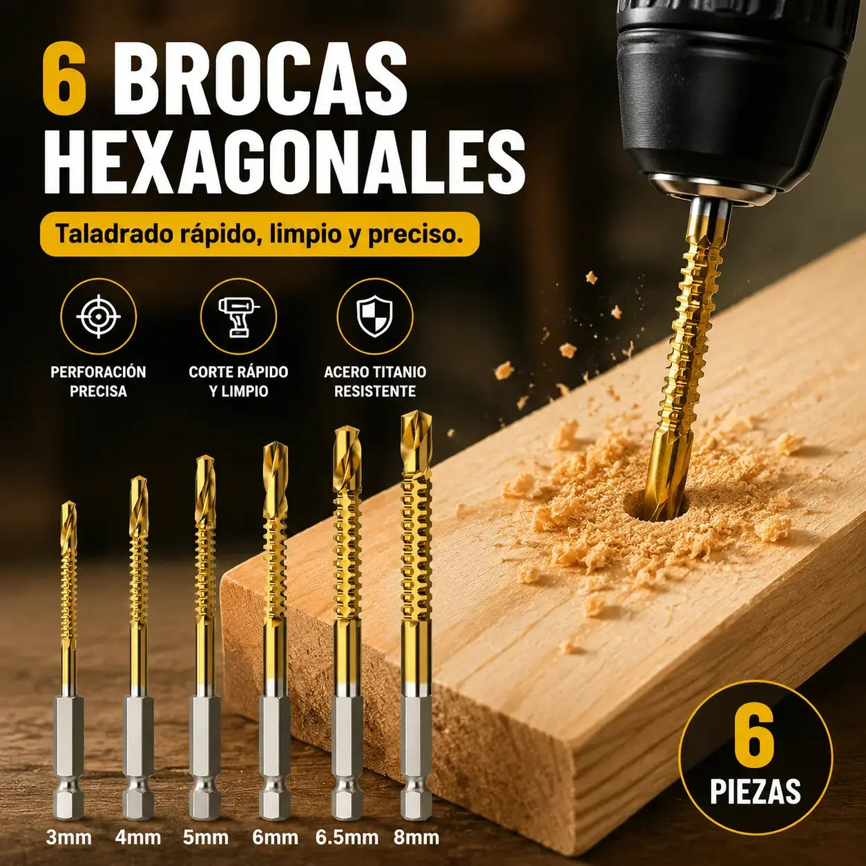 🛠️🔧(6 piezas)Broca helicoidal de acero de alta velocidad con revestimiento de titanio 2 en 1 – Vástago hexagonal, adecuada para taladrar y ranurar madera y metal🔩