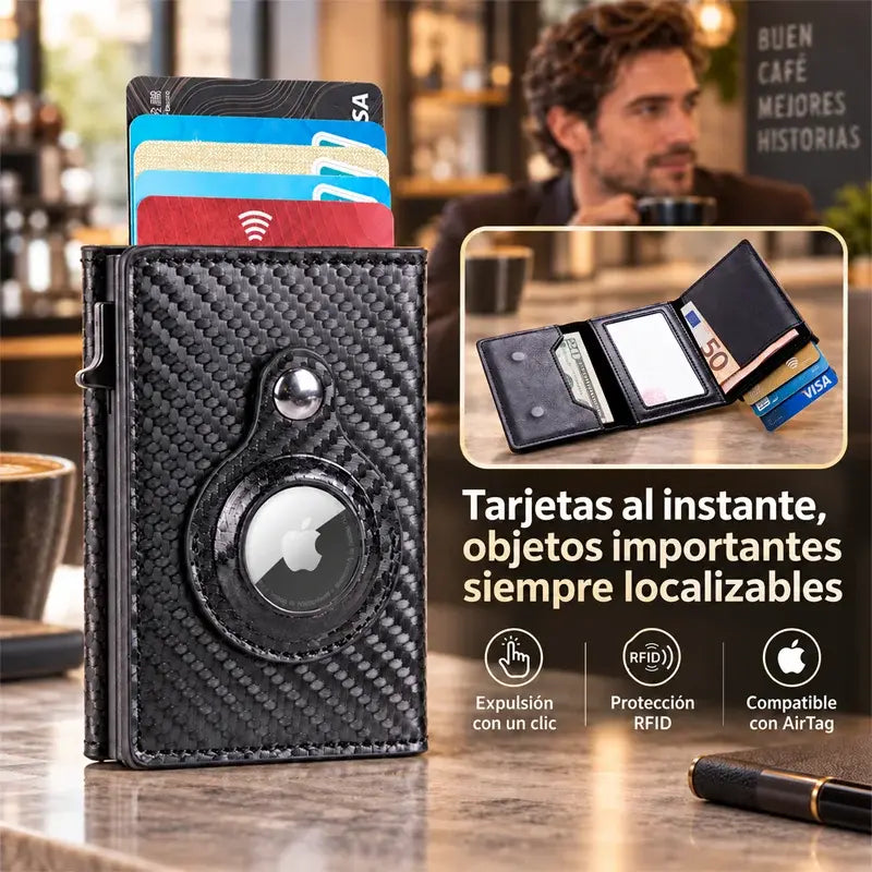 🖤 Tarjetero de Cuero Carbono con Clip Automático de Aluminio | Bloqueo RFID | Porta Tarjetas Minimalista y Moderno ✨