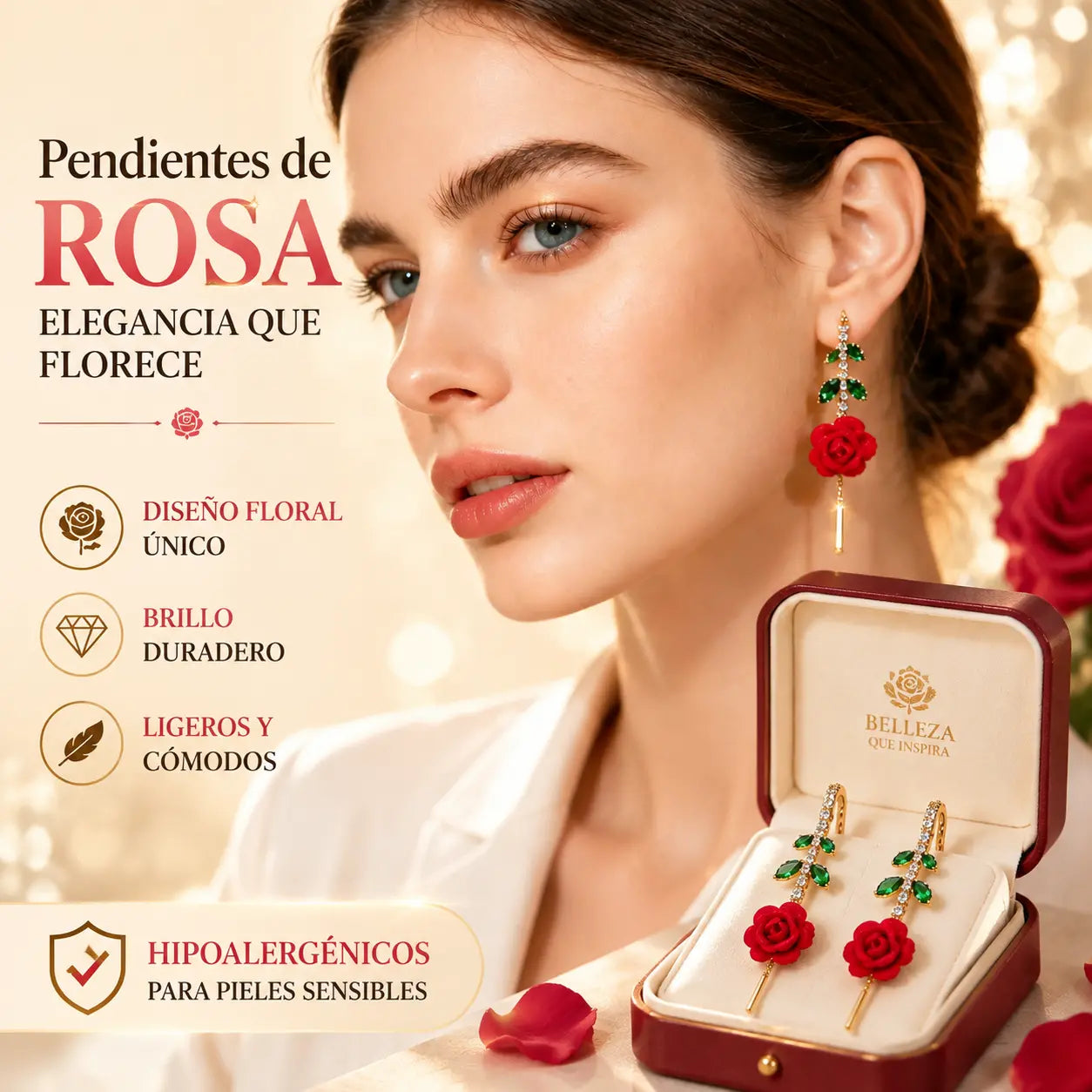 Oferta relámpago【2 pares】Pendientes de rosa roja con tallo de cristal