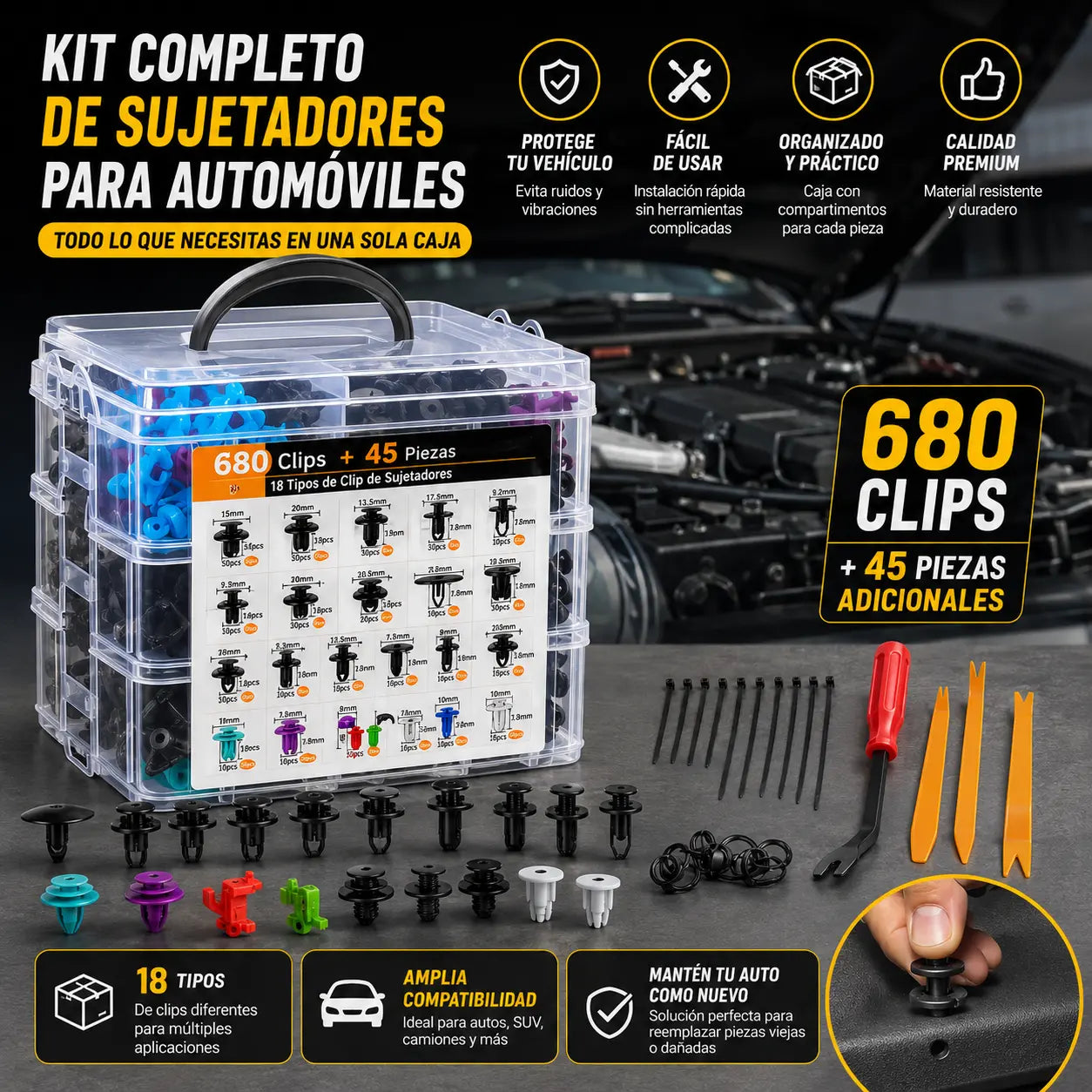 🚗🔧 Kit de 680 Piezas para Coche + Herramientas, Clips, Tornillos y Bridas de Nailon para Parachoques y Guardabarros, ¡Todo en Uno y Súper Completo!