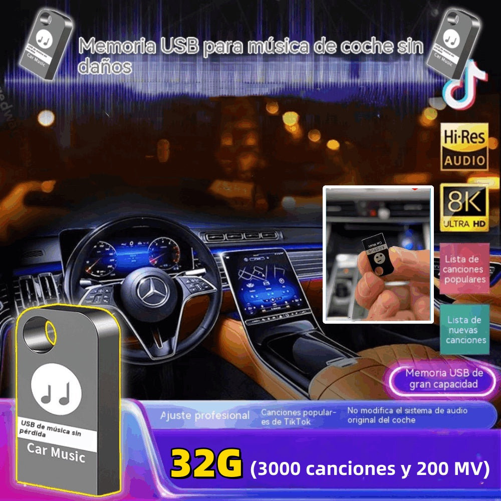 🚗🎵🎵【 32G】 【Unidad flash USB de música】contiene 3000 canciones, 200 MV y efectos de sonido 6D