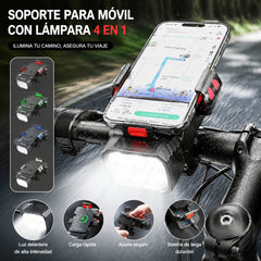 🚲💡Altavoz, luz y soporte para teléfono 4 en 1 para bicicleta de montaña, recargable.