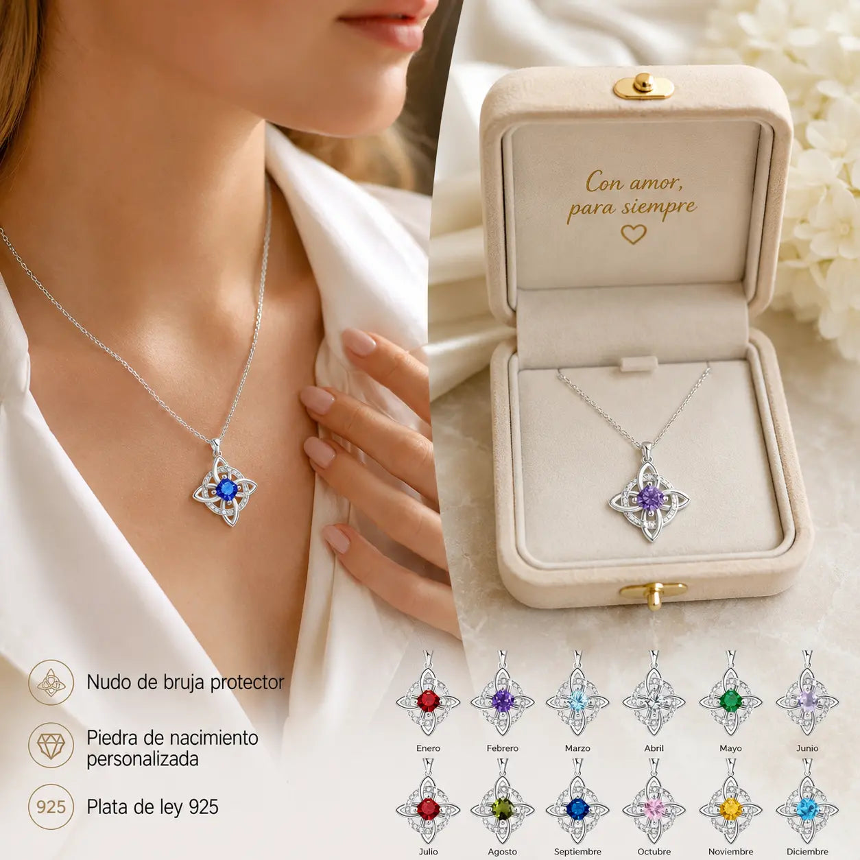 ✨🔮Collar místico de nudo de bruja con piedra de nacimiento 💞 Protege a tus seres queridos