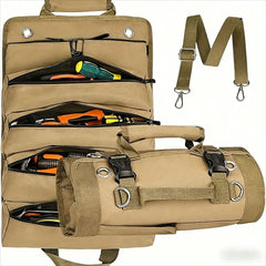 🛠️ Organizador Portaherramientas Enrollable de Tejido Oxford, 4 Compartimentos y 2 Bolsas Desmontables, Resistente para Electricistas, Mecánicos y Carpinteros 🚗
