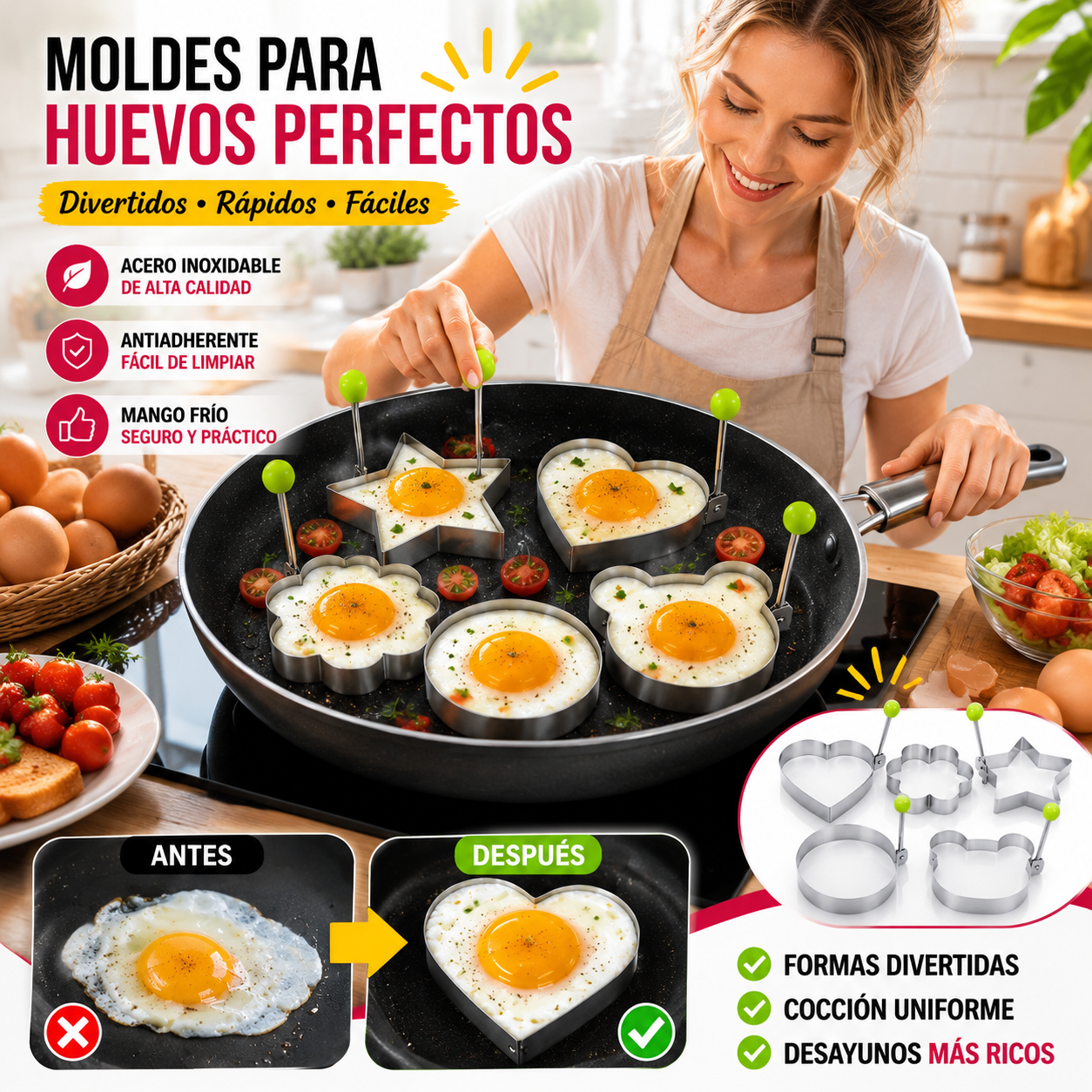 Juego de 5 piezas  🍳🍳🔥 Precio especial de gran venta - Molde para huevos de acero inoxidable