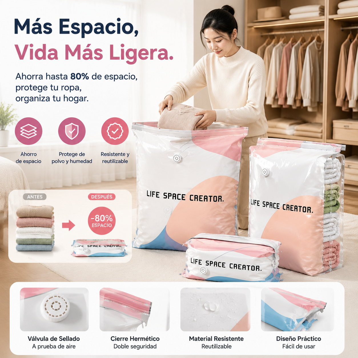 🧳【Juego de 5 piezas】💨 Bolsa de almacenamiento al vacío grande y compresible: no requiere bomba, es a prueba de fugas e ideal para ahorrar espacio en maletas y en casa ✈️