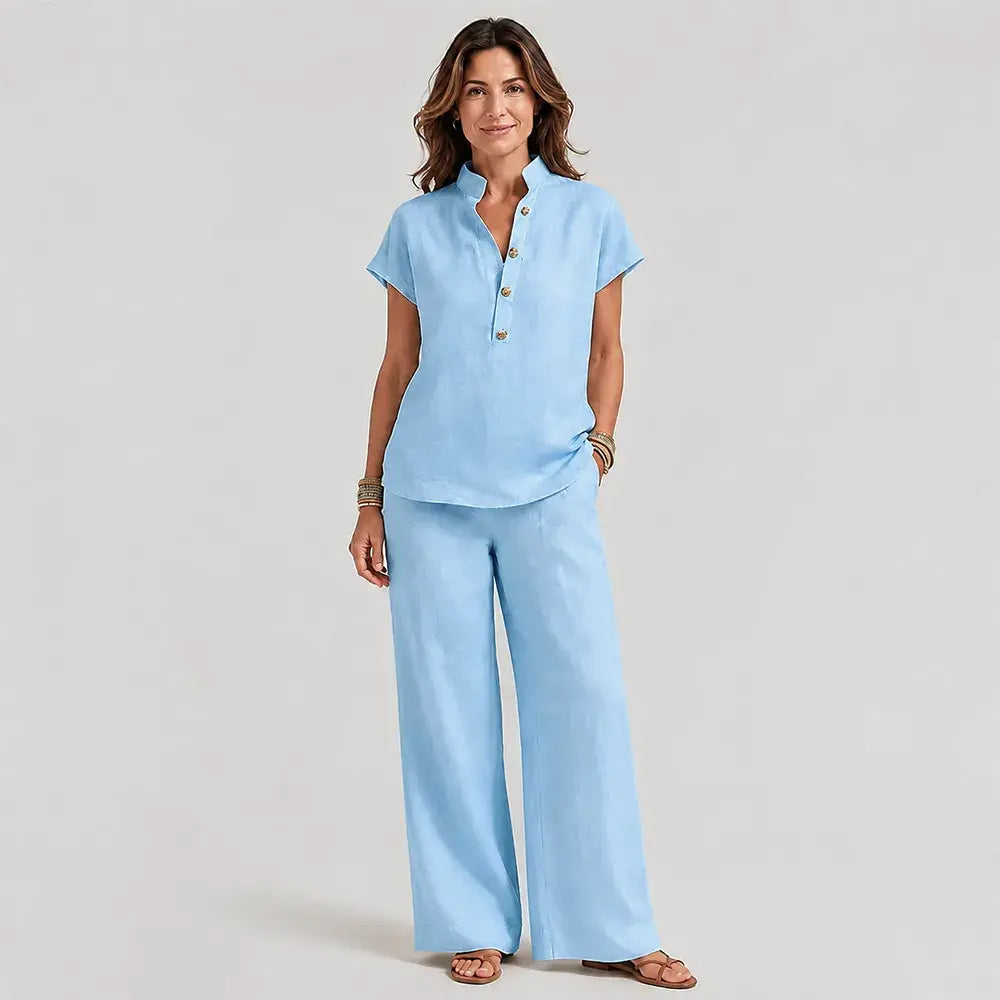 🔥【S-3XL】✨Conjunto de mujer de lino y algodón – blusa de manga corta y pantalón de pierna ancha, estilo casual y elegante de verano