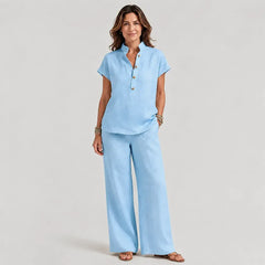 🔥【S-3XL】✨Conjunto de mujer de lino y algodón – blusa de manga corta y pantalón de pierna ancha, estilo casual y elegante de verano