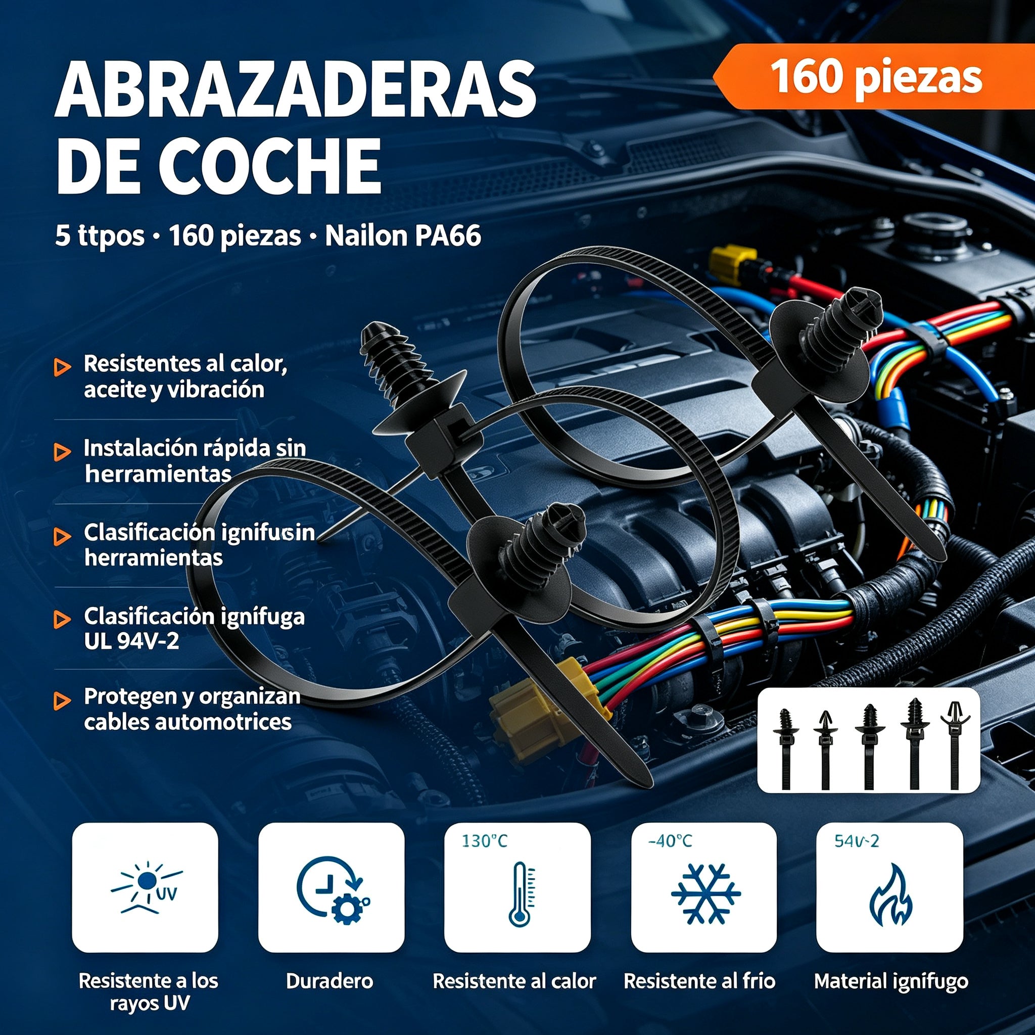 🔧【160 piezas】5 tipos de bridas de cable de nailon PA66 de alta resistencia | Resistentes al calor, aceite y vibración | Instalación rápida sin herramientas ⚡