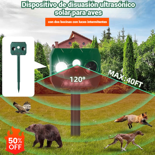 🔥Repelente ultrasónico de aves para exteriores con energía solar, dos bocinas y luces intermitentes