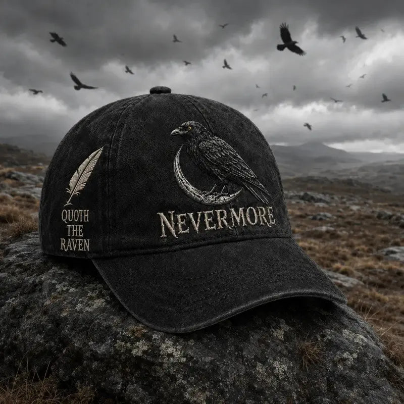 🐦‍⬛🧢 Gorra vintage Nevermore Raven | Sombrero gótico para amantes de las aves(Circunferencia de la cabeza aproximada: 56-60 cm)