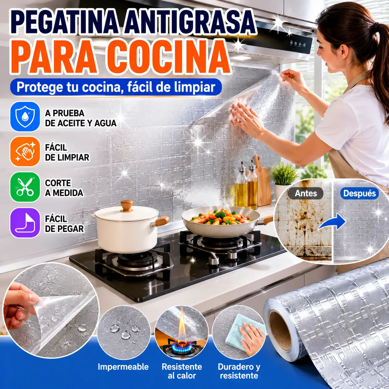 【40cm*10m】🛡️ Adhesivo de papel de aluminio removible y autoadhesivo para cocina, resistente al aceite, al calor y fácil de limpiar.