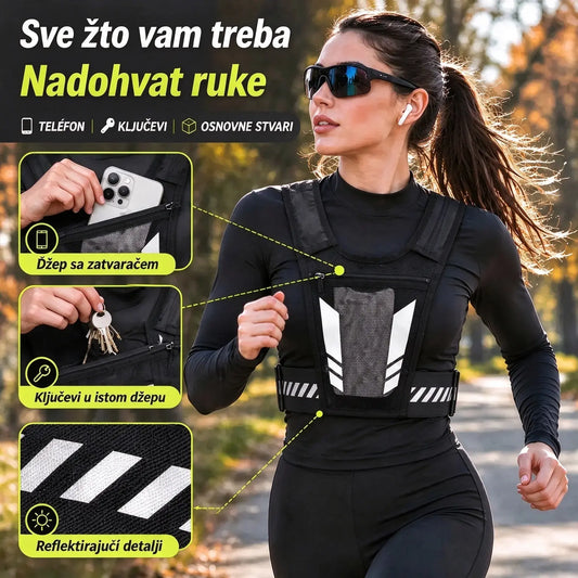 🏃 Prsluk za trčanje i sport s džepom na prsima · Džep za mobitel s patentnim zatvaračem · Stražnji držač za bocu s vodom · Reflektirajući detalji za noćne uvjete · Prozračna mrežica i podesive trake!