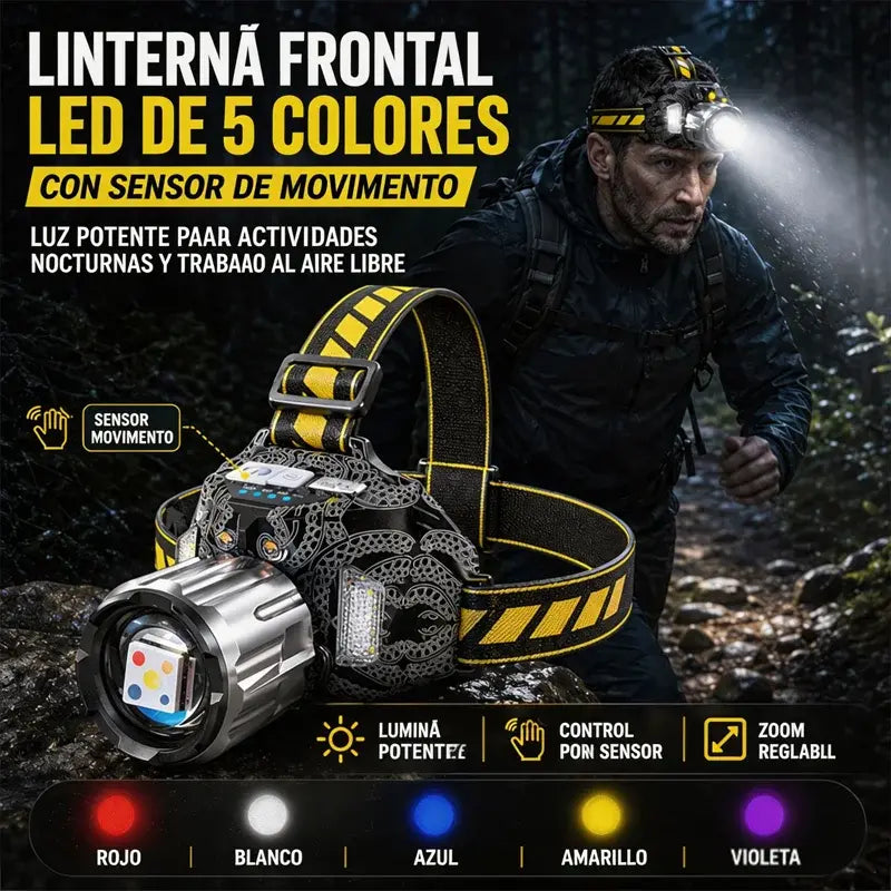 💡✨ Linterna Frontal Profesional 5 en 1 con 5 Colores de Luz, Sensor de Movimiento, Zoom Ajustable y Carga USB – Ideal para Pesca Nocturna, Camping, Senderismo y Patrullaje 🔦