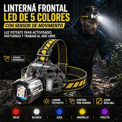 💡✨ Linterna Frontal Profesional 5 en 1 con 5 Colores de Luz, Sensor de Movimiento, Zoom Ajustable y Carga USB – Ideal para Pesca Nocturna, Camping, Senderismo y Patrullaje 🔦