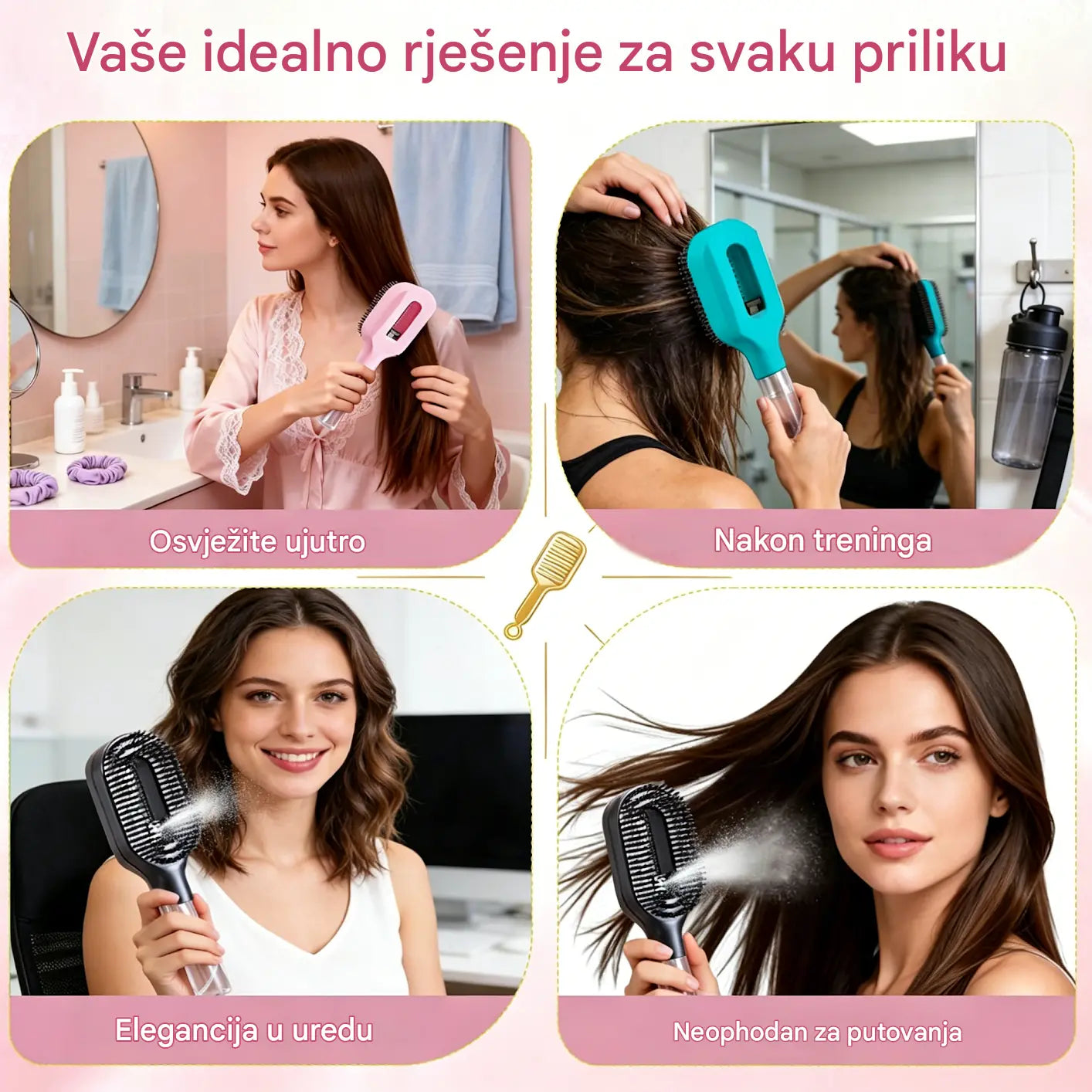 Češalj s funkcijom prskanja jednim gumbom koji učinkovito sprječava zapetljavanje kose.