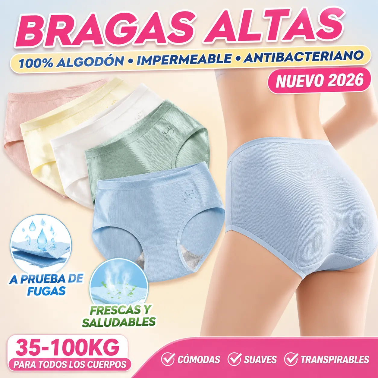 🔥7 piezas【Tallas M-2XL】Nuevas braguitas premium de algodón de talle alto, impermeables y antibacterianas (colección 2026)-【Para pesos de 35 a 100 kg】