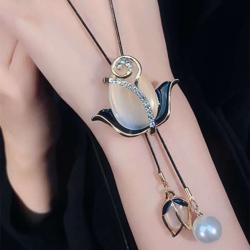 💝【2 piezas】✨Collar largo de tulipán con ojo de gato, cadena para suéter, accesorios de ropa