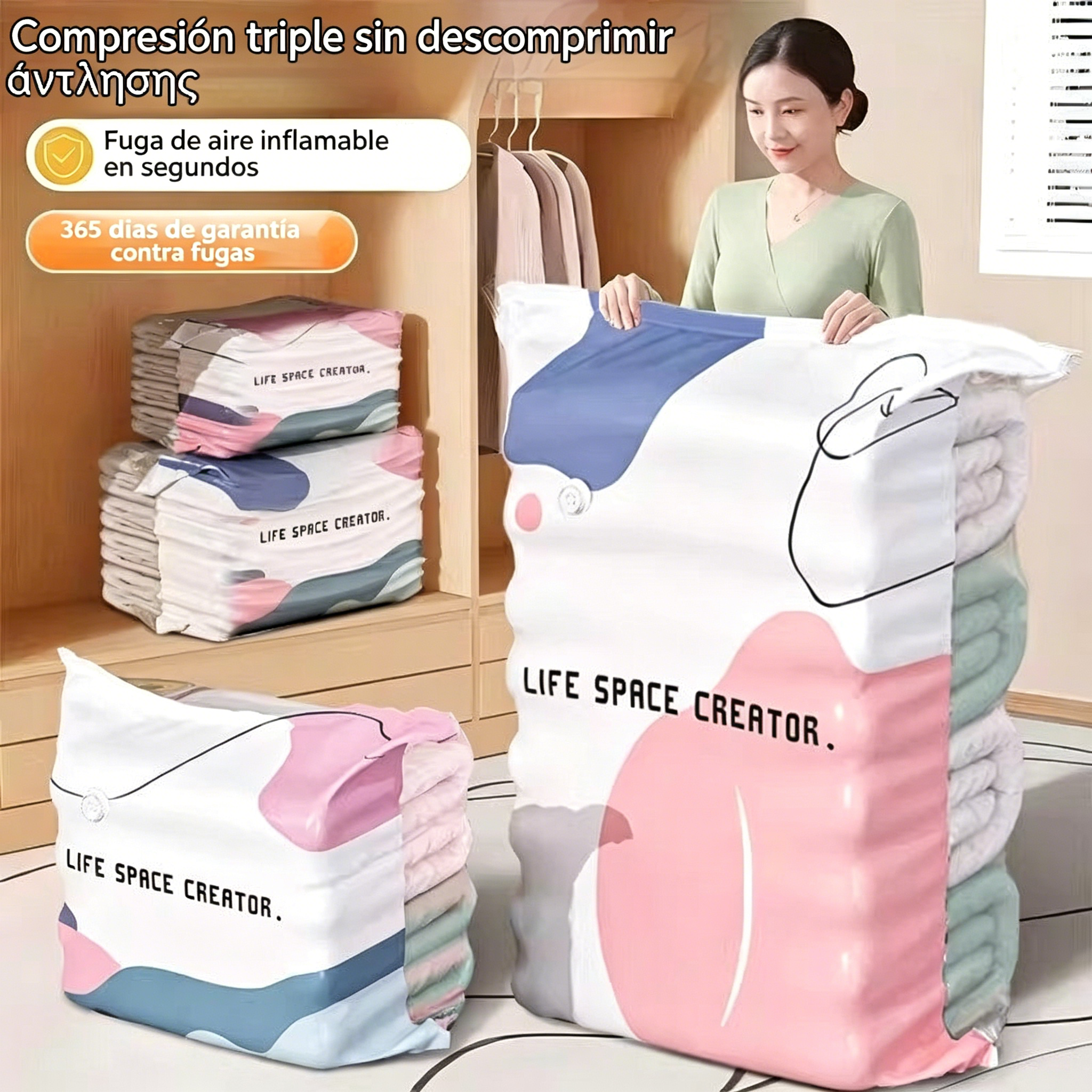 🧳💨【5 piezas por 30 euros】 Bolsa de almacenamiento de aire de vacío grande y comprimible: no se requiere bomba, impermeable e ideal para ahorrar espacio en el equipaje y en casa ✈️