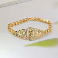 Pulsera de la Virgen María con flores caladas en oro