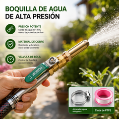 🚿(1 juego: boquilla pulverizadora + abrazadera para tubería de agua + cinta de teflón)💧 Pistola de agua a alta presión: lavado de autos, jardín, 10 veces más presión, multimodo ⚡