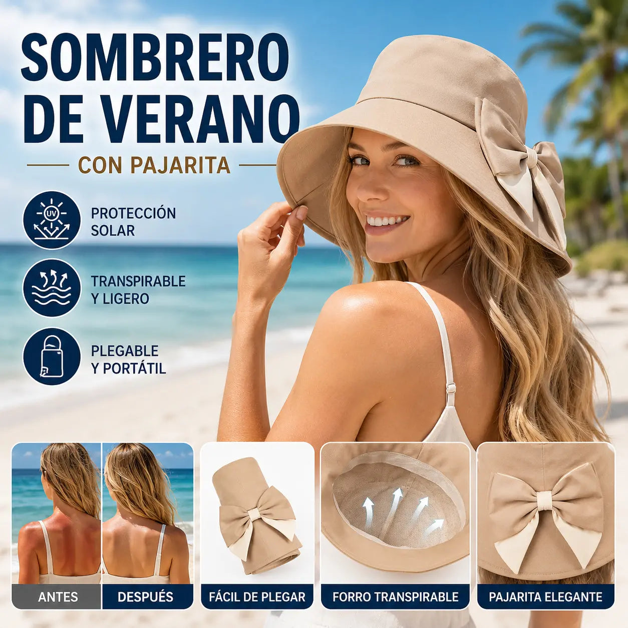 Sombrero de sol para mujer más vendido  | Gorro retro con lazo: plegable y transpirable, un básico para el verano.