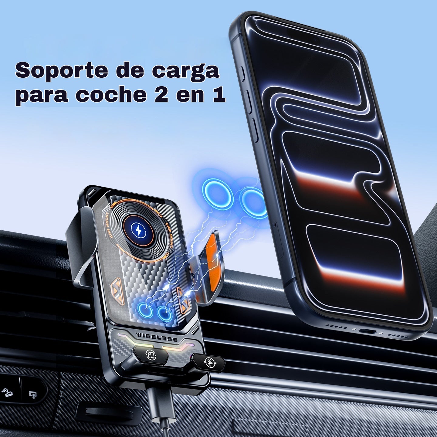 🚗 Soporte para coche 2 en 1 y cargador inalámbrico: manos libres y carga completa en cualquier lugar 📱
