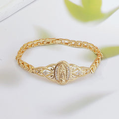 Pulsera de la Virgen María con flores caladas en oro