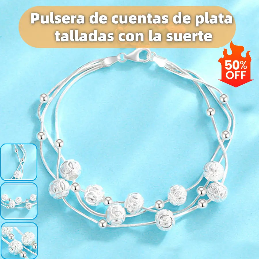 ✨✨【Compra 1, llévate 1 gratis】Pulsera de cuentas de la suerte de plata 999 con diseño grabado