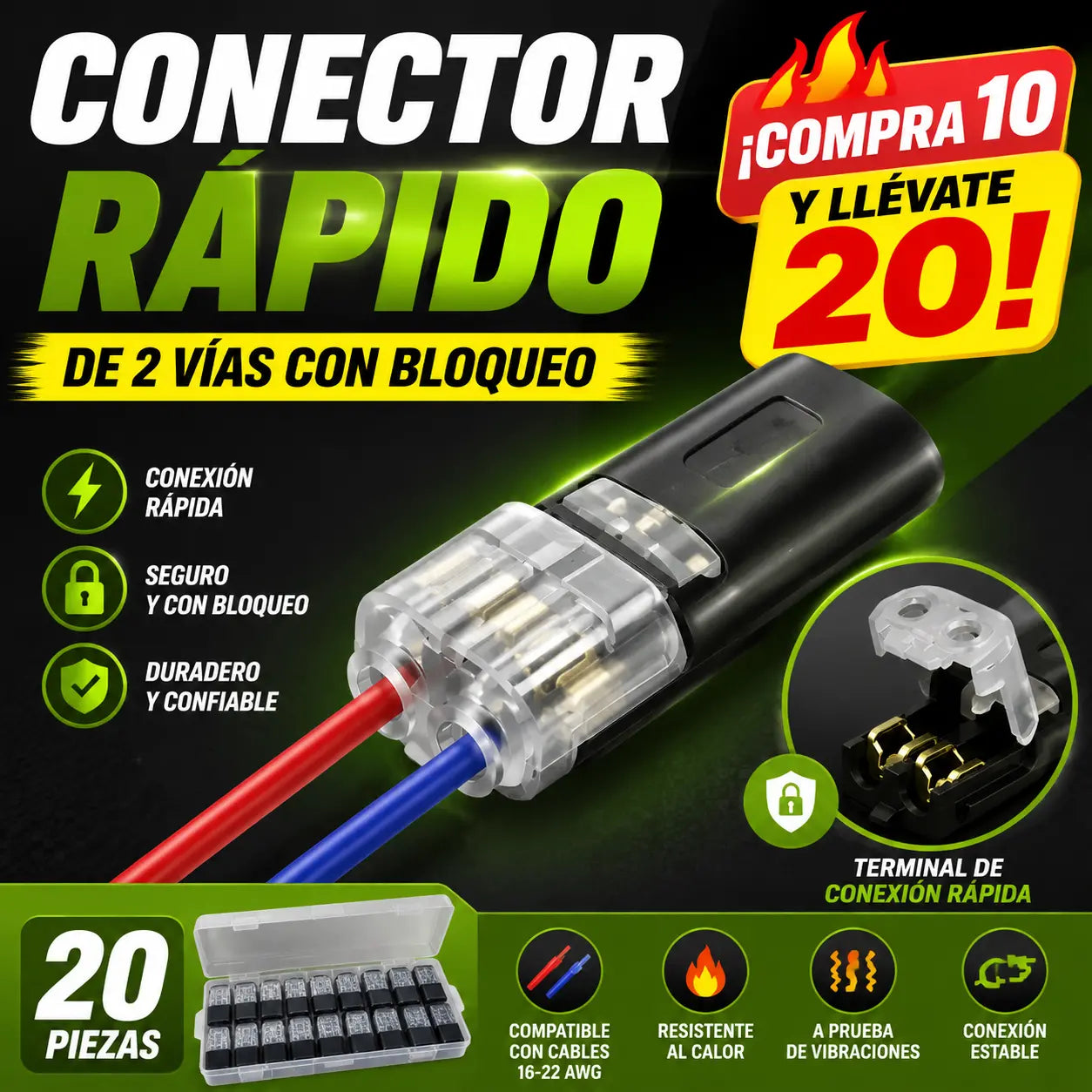 🏆【20/40 piezas】Conectores de cable sin soldadura: compatibles con tiras de LED y cables sólidos/multifilares de 18 a 22 AWG.