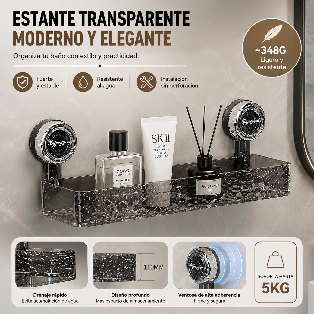 🧼🫧Estante de almacenamiento con ventosas sin necesidad de taladrar, ideal para cocinas y baños.