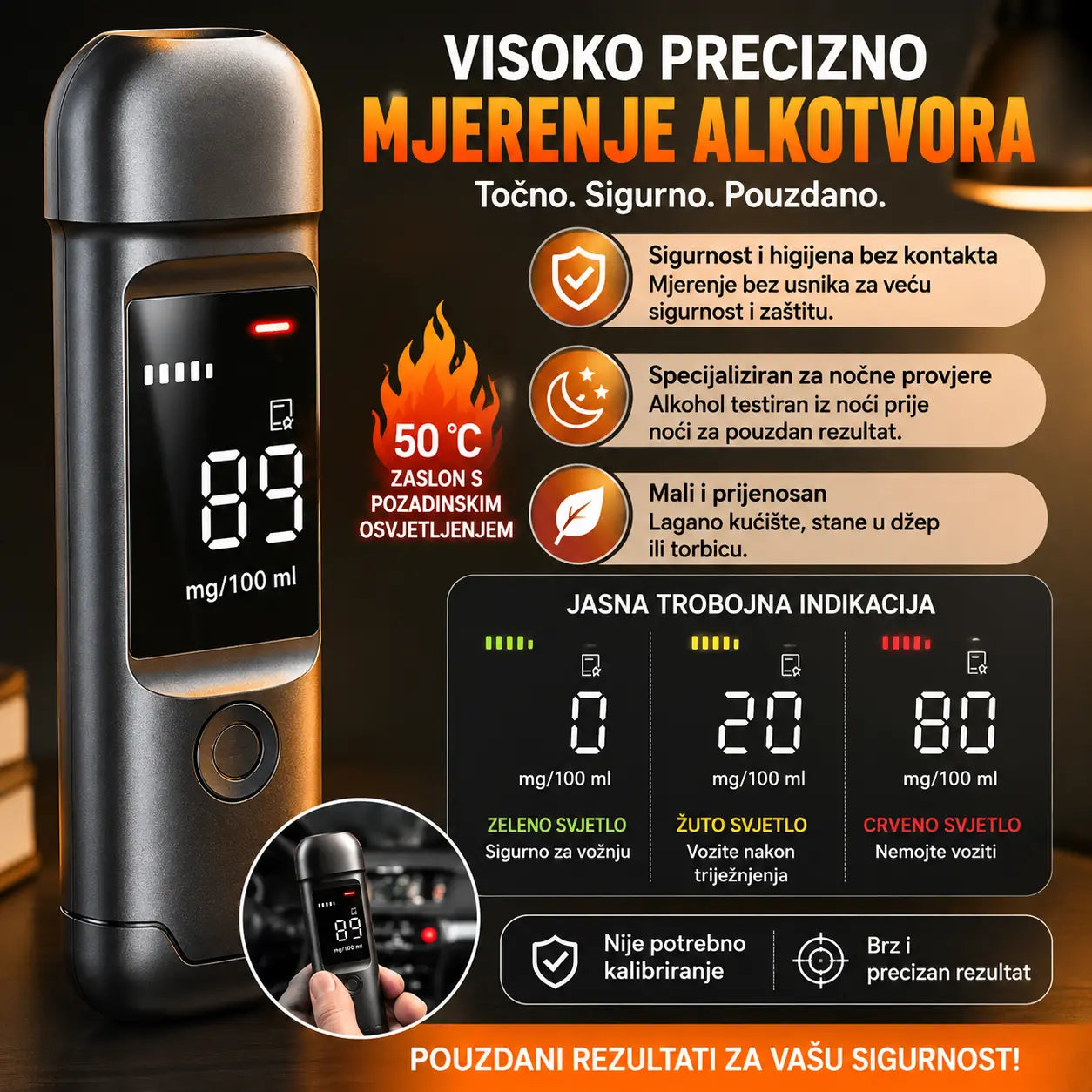 🔥🍷 Prijenosni precizni alkotest – Provjeri razinu alkohola prije vožnje