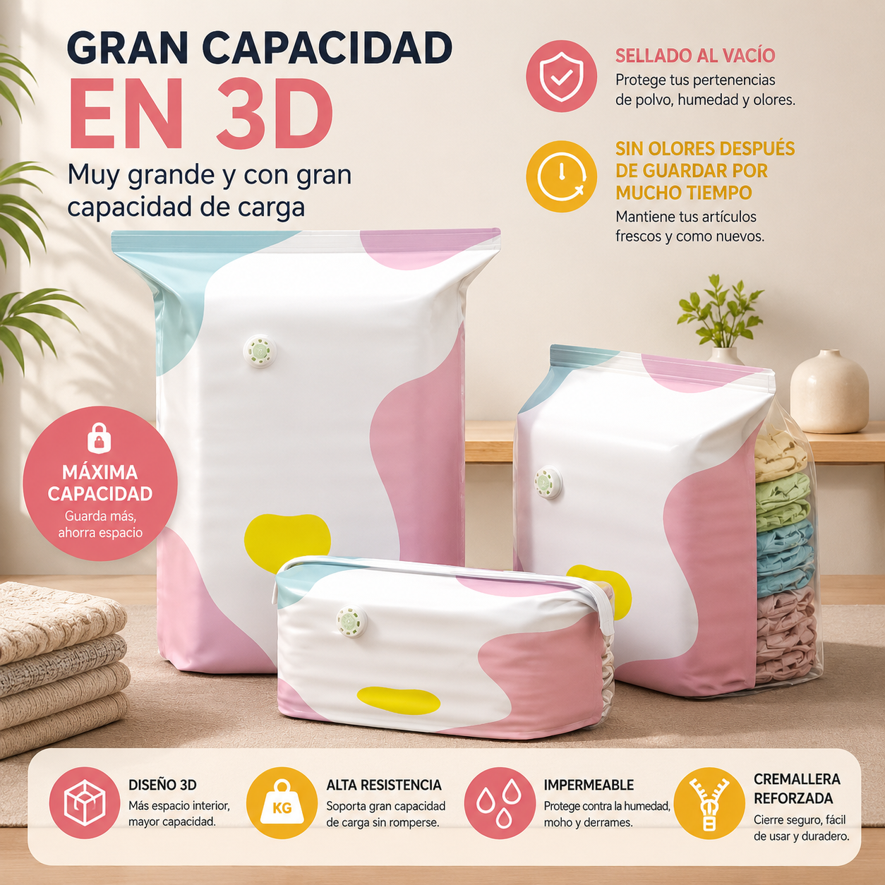 🧳【Juego de 5 piezas】💨 Bolsa de almacenamiento al vacío grande y compresible: no requiere bomba, es a prueba de fugas e ideal para ahorrar espacio en maletas y en casa ✈️