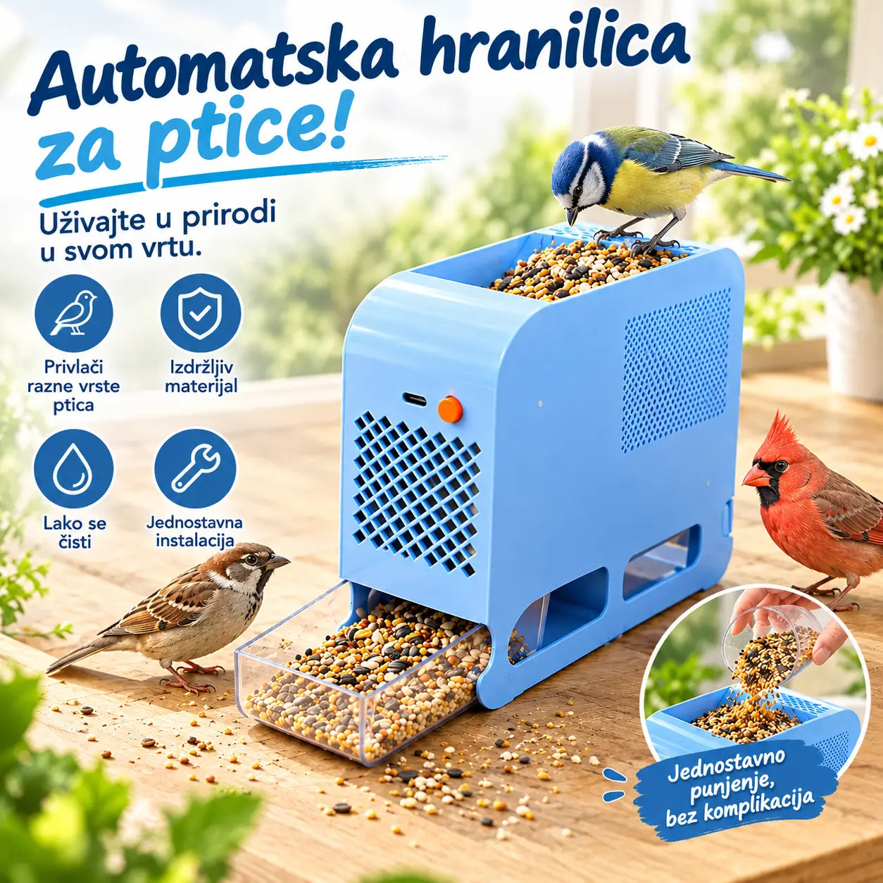 🐦🌿 Čistač sjemenki za ptice: brzo uklanja prazne ljuske za čišću hranu.