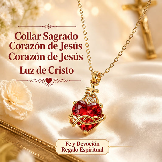 ❤️【Compra 1 y llévate 1 gratis】✝️ 【2 piezas】Collar del Sagrado Corazón de Jesús – Colgante de Cruz con Cristal en Forma de Corazón Bañado en Oro, Luz de Cristo, Joya Religiosa de Fe para Mujer 🎁✨