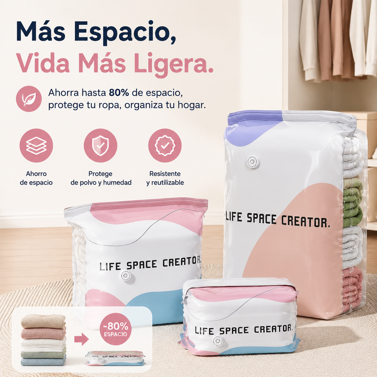 🧳【Juego de 5 piezas】💨 Bolsa de almacenamiento al vacío grande y compresible: no requiere bomba, es a prueba de fugas e ideal para ahorrar espacio en maletas y en casa ✈️