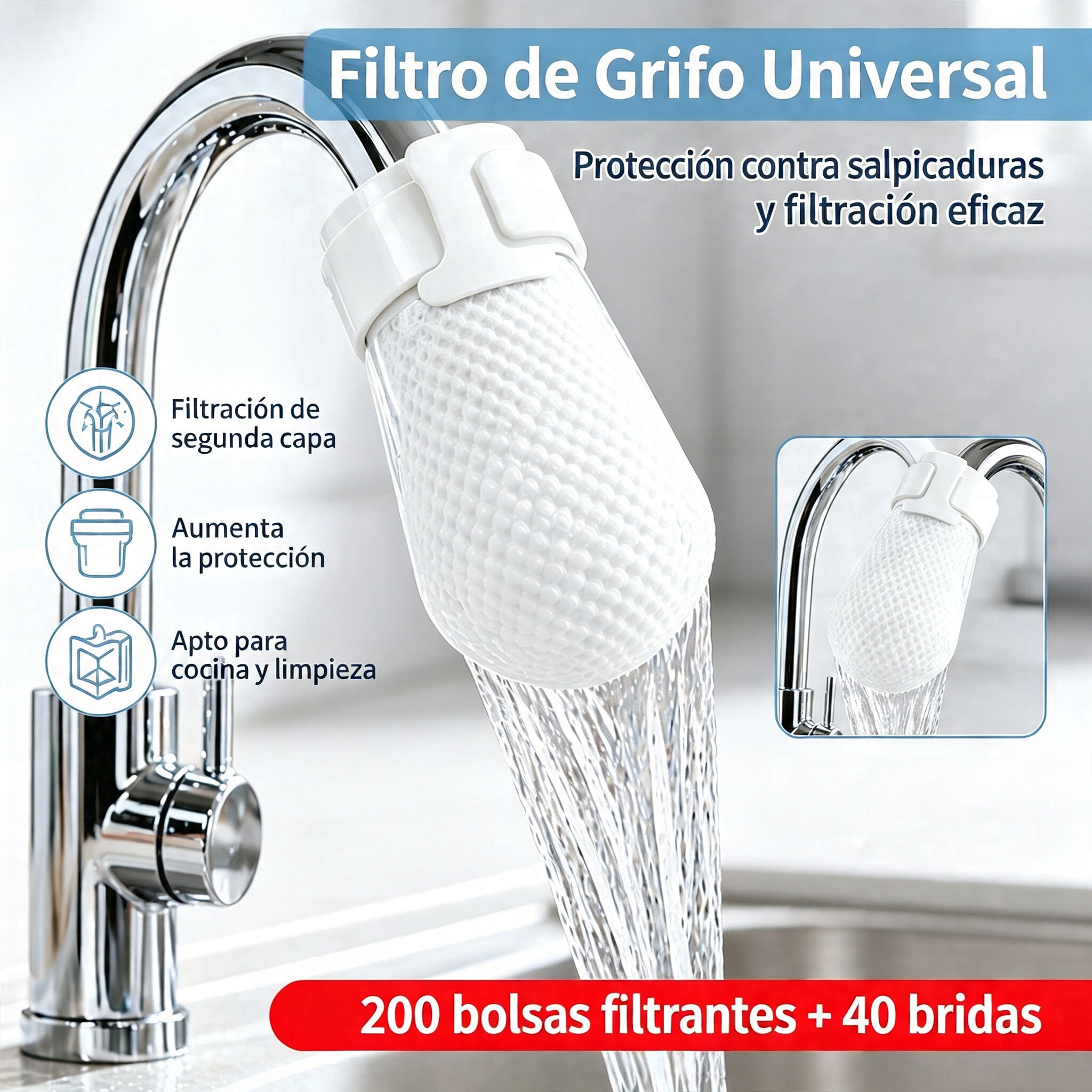 【200 bolsas filtrantes + 40 bridas】💧 Filtro de grifo anti‑salpicaduras engrosado – Filtra eficazmente óxido, sedimentos e impurezas – Adecuado para agua del grifo, de manantial y subterránea 🚿✨