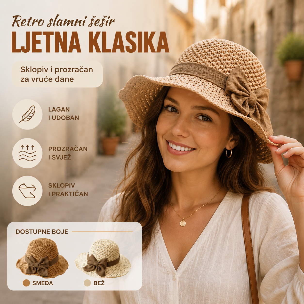 🎀🎀 50% POPUSTA 👒 | Retro slamnati šešir s mašnom – sklopivi i prozračan za ljeto