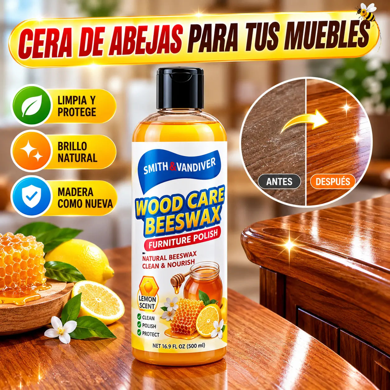 【300 ml】🌿✨ Bálsamo natural de cera de abeja para el cuidado de la madera: limpia, pule y protege los muebles de madera