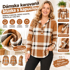 🧥Dámska mikina s kapucňou v kockovanom vzore s výstrihom do V – zapínaná na gombíky, s dlhými rukávmi – voľná mikina v kockovanom vzore na jeseň a zimu