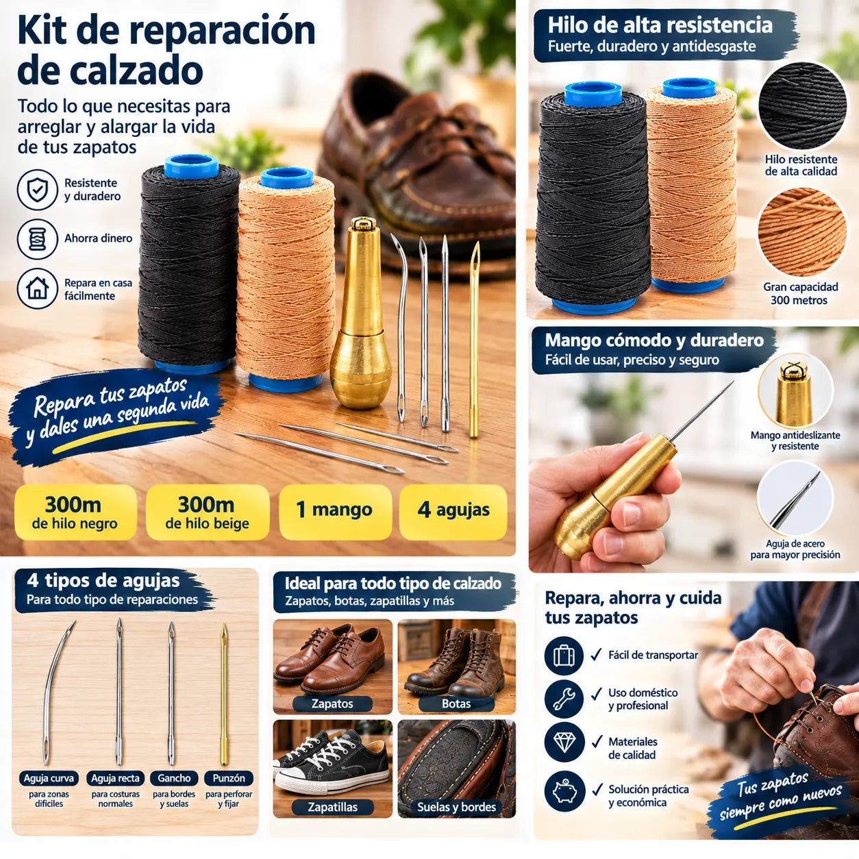 ✨¡50% DE DESCUENTO AHORA!✨ Juego de 5 piezas de lezna para coser cuero con hilo encerado: herramientas de costura manual para marroquinería.