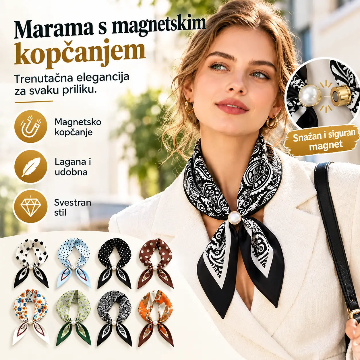 🧣【Set od 4 komada】✨ Ženski svileni šal s biserima i magnetskim zatvaranjem | Elegantan, bez čvorova | Razni printovi 🎀