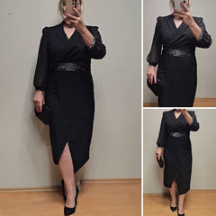 【S-5XL】👗 Vestido elegante con cuello clásico y mangas de malla – corte ceñido, abertura sutil y estilo refinado