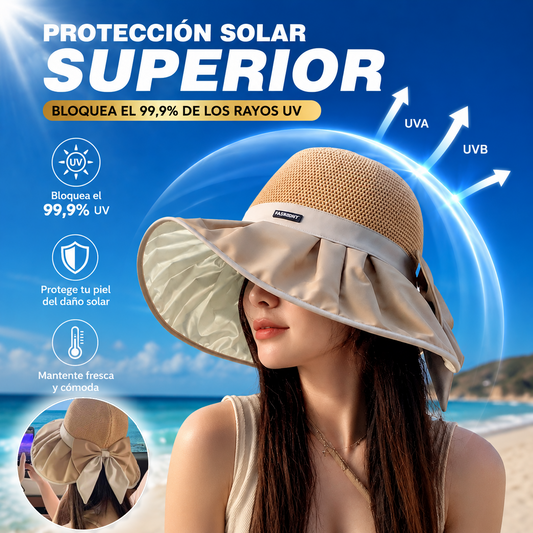 👒🎀Sombrero de sol de punto con lazo – UPF 50+, ala ajustable, perfecto para coletas