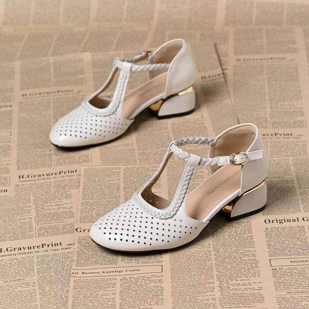 🔥🔥【35-40】Sandalias de verano 2025, tacón grueso, piel suave, ahuecadas y transpirables, nuevo estilo
