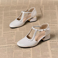 🔥🔥【35-40】Sandalias de verano 2025, tacón grueso, piel suave, ahuecadas y transpirables, nuevo estilo
